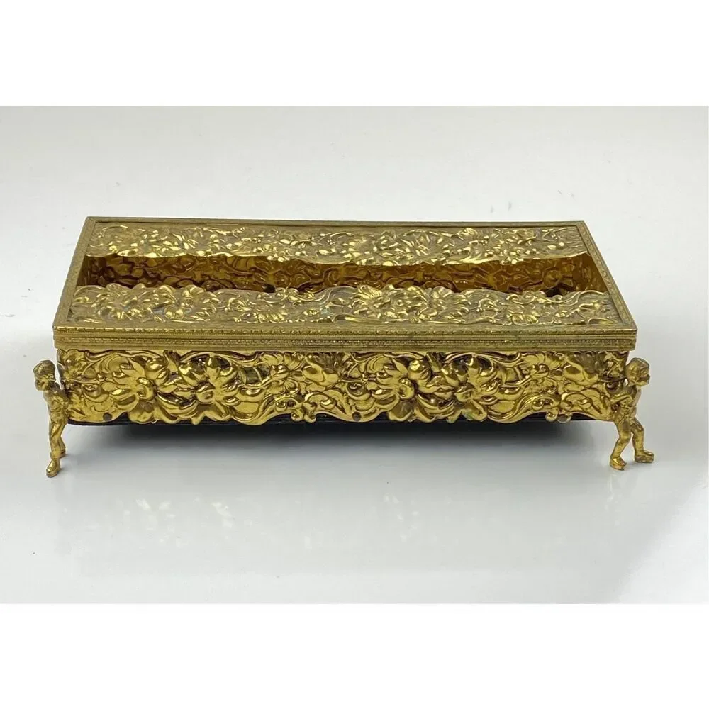 Vtg Cherub Angel Footed Tissue Box Vanity Patina Ormolu Flowers Baroque Rococo E